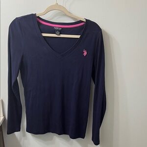 U.S. Polo Assn. Women's Dark Navy V-Neck Long Sleeve Tee with Pink Logo